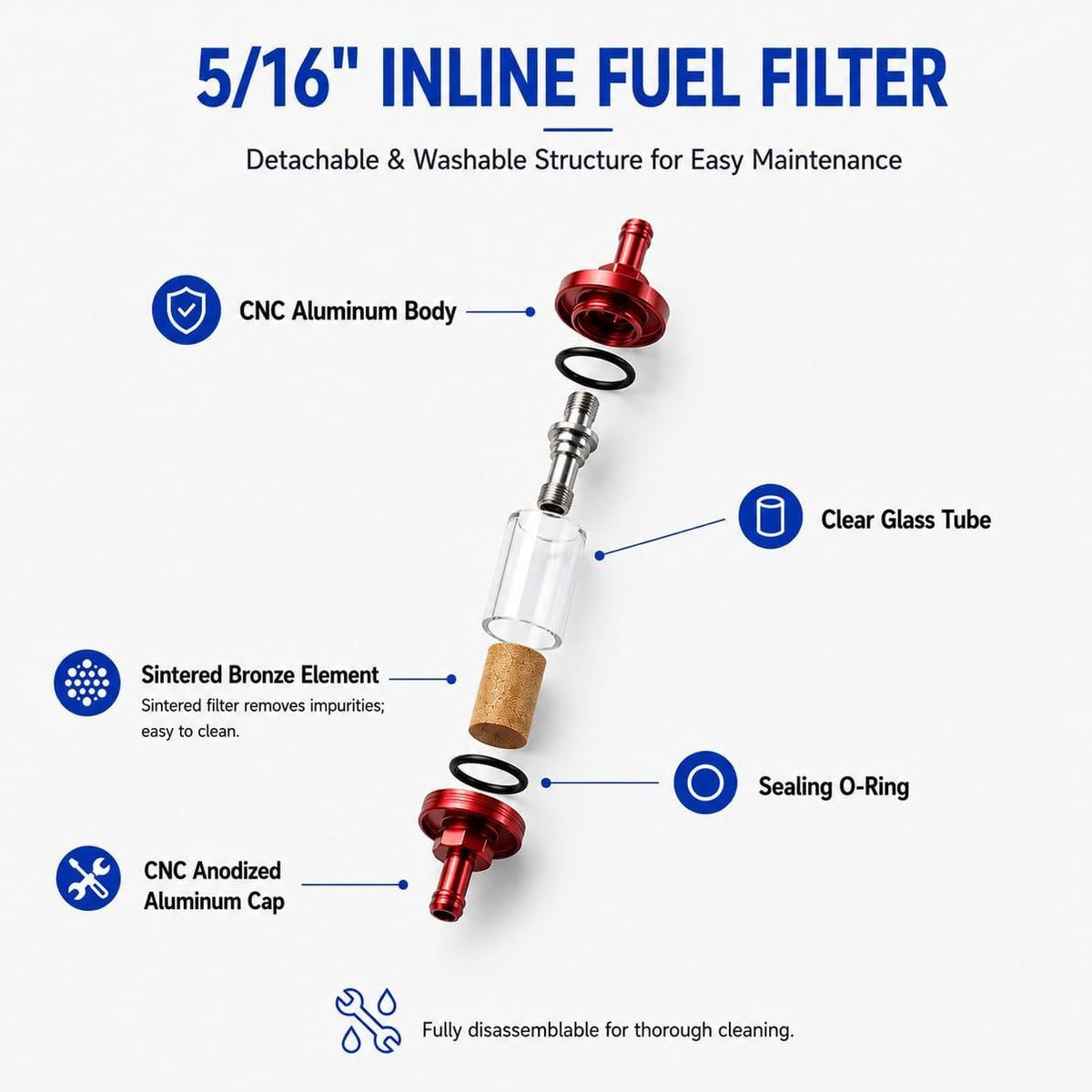 5/16 Inline Fuel Filter, Reusable Aluminum Filter with Clear Glass