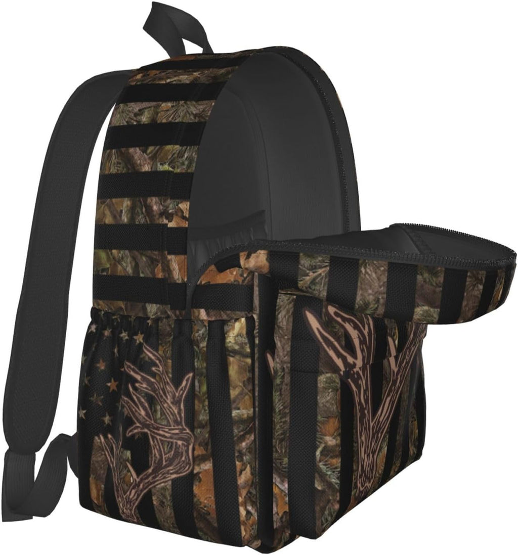Camo Hunting Backpack USA Flag Deer School Bag Lightweight Bookbag Casual Daypack for Girls Boys Kids Women Men
