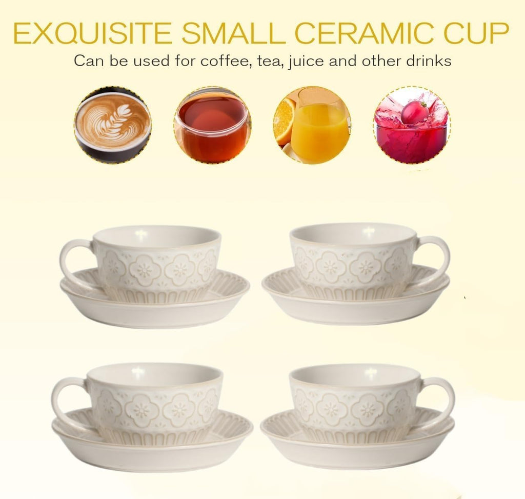 Cappuccino Cups with Saucers, 10 oz Ceramic, Set of 4