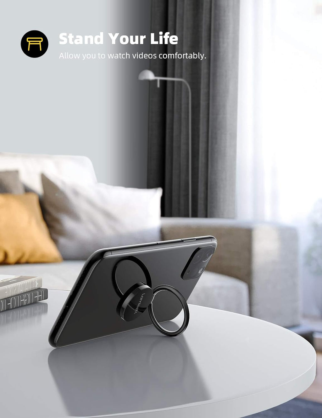 Cell Phone Ring Holder Stand - Polished Metal Finger Grip | 360° Rotation, Finger Ring Kickstand for Magnetic Car
