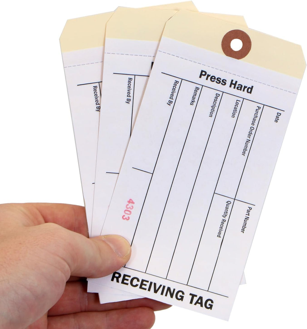 100-Pack 2-Part NCR Receiving Tags with Adhesive Strip - 6.25"x3.125", Thick Manila Tags with 60# Tear-Off NCR Paper
