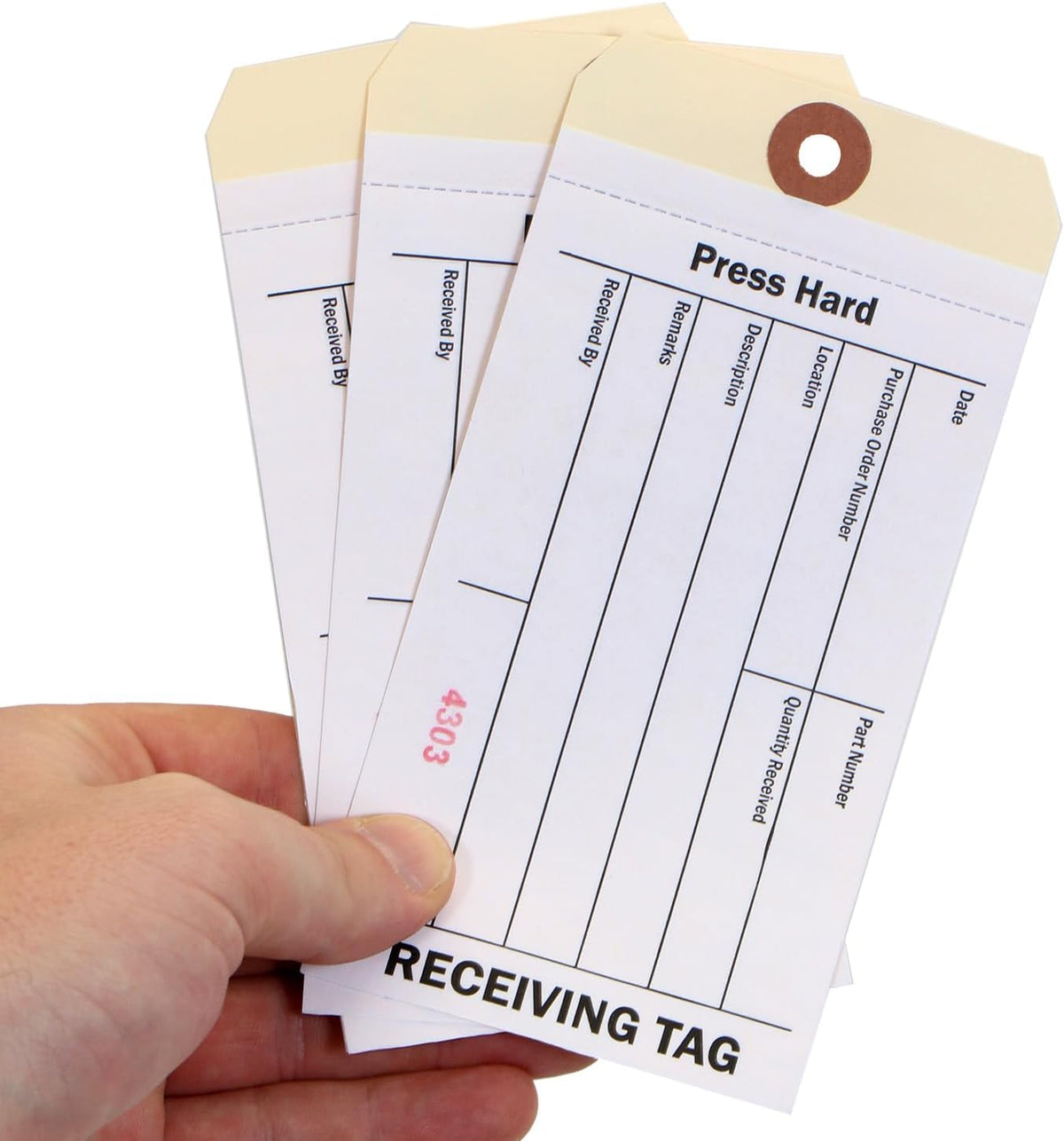 100-Pack 2-Part NCR Receiving Tags with Adhesive Strip - 6.25"x3.125", Thick Manila Tags with 60# Tear-Off NCR Paper