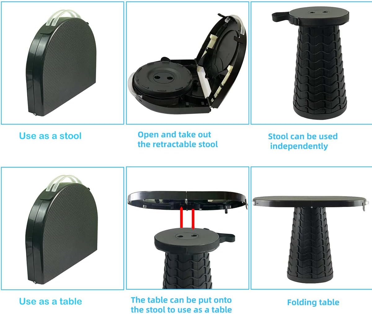 Portable Folding Table and Stool 2 in 1, Lightweight Collapsible Table for Camping Picnic Beach, Small Foldable Table