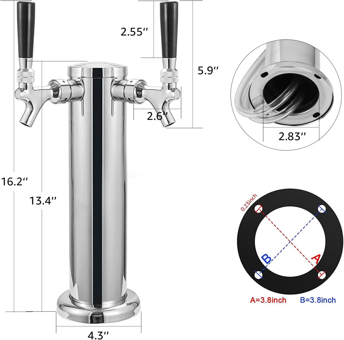Dual Tap Stainless Draft Beer Tap Tower, 3'' Base Kegerator Tower