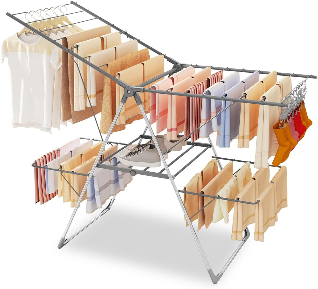 Clothes Drying Rack Foldable, 2-Level Large Laundry Drying Rack Collapsible, Stainless Steel Drying Rack Clothing for