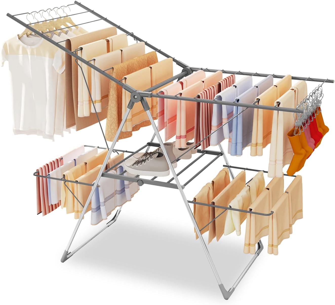 Clothes Drying Rack Foldable, 2-Level Large Laundry Drying Rack Collapsible, Stainless Steel Drying Rack Clothing for