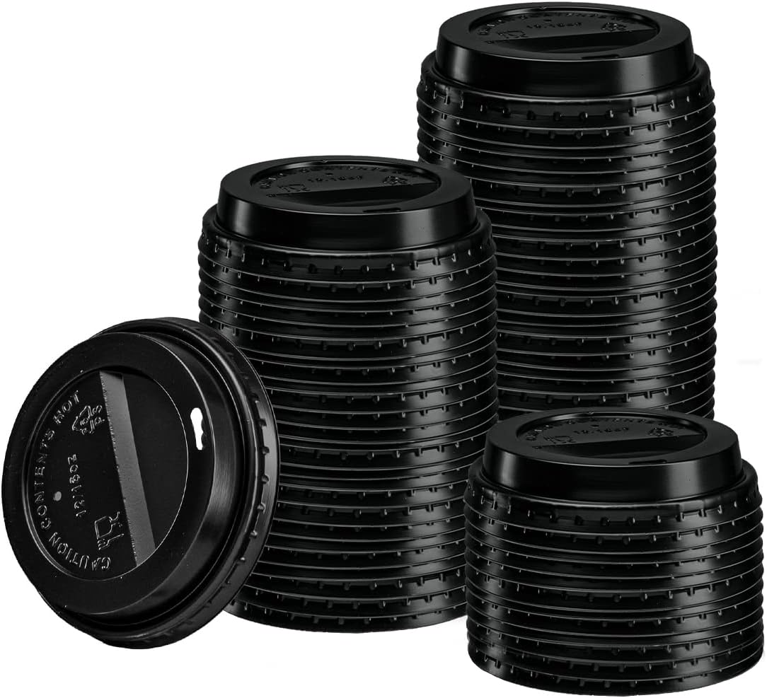 Coffee Cup Dome Lids for 10, 12, 16, & 20 oz. [100 Count] Black
