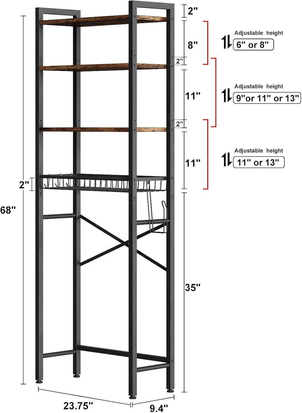 Over-The-Toilet Storage Rack, 4-Tier Bathroom Organizer Shelf Over Toilet with Adjustable Shelf and Basket