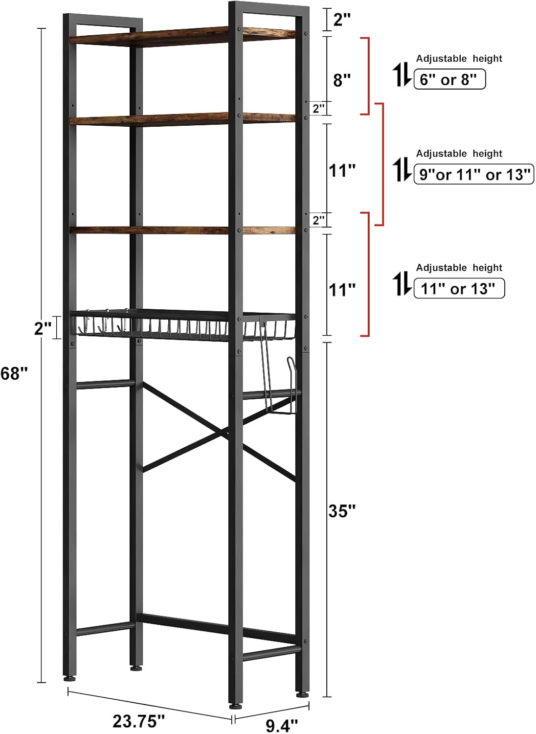 Over-The-Toilet Storage Rack, 4-Tier Bathroom Organizer Shelf Over Toilet with Adjustable Shelf and Basket