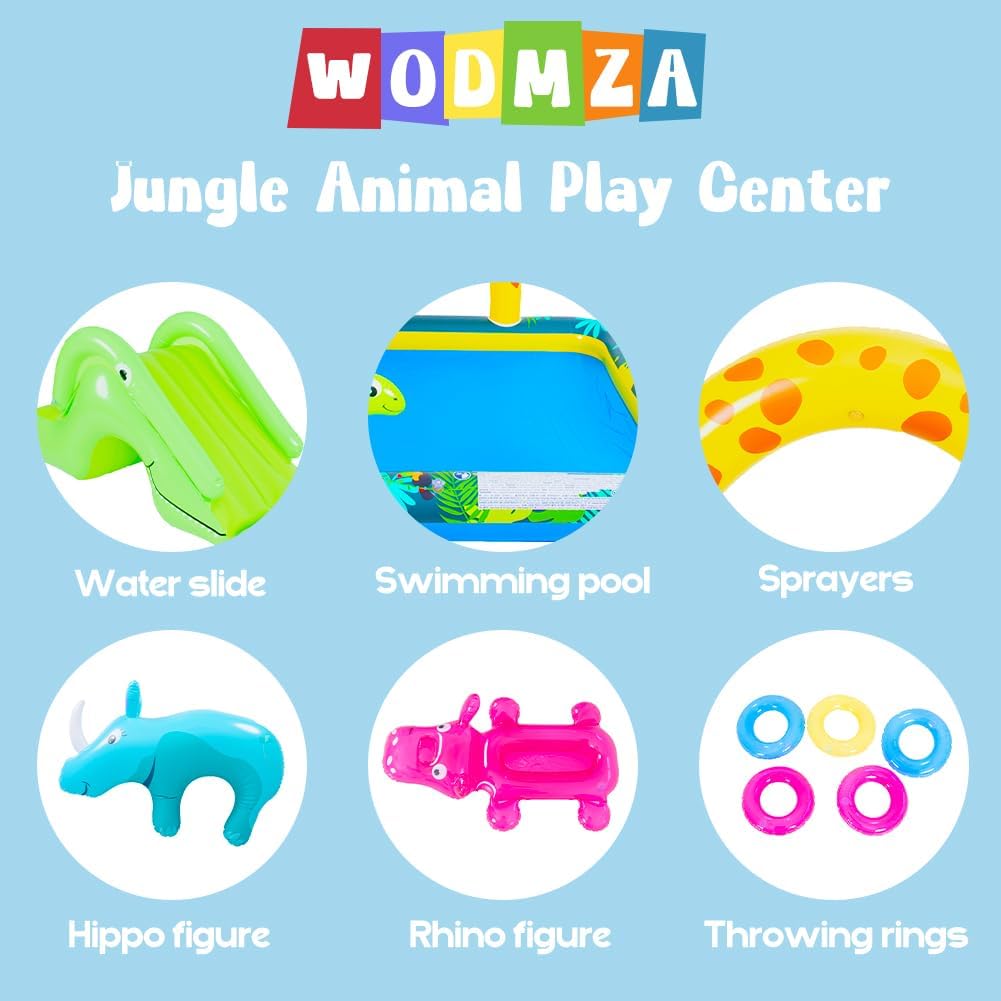 Inflatable Jungle Animal Play Center, Inflatable Water Park Kiddie Pool with Slide, Water Sprayer for Summer Outdoor