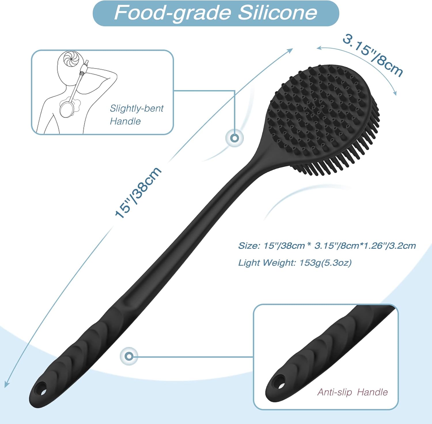Silicone Back Scrubber(Thick Bristles) & Soft Bath Glove Set, Super-Exfoliating Body Scrubber & Super-Lathering