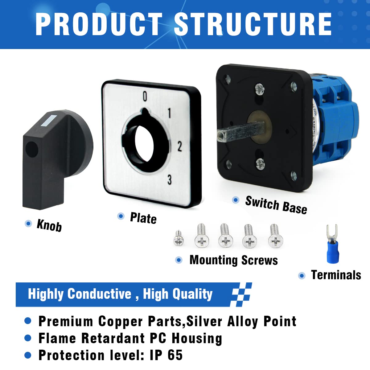 20A Rotary Changeover Switch 660V 4 Position 2 Poles 8 Terminals,Universal Selector Switch with Blue Fork Terminals IP65 CE 20/0-3.2