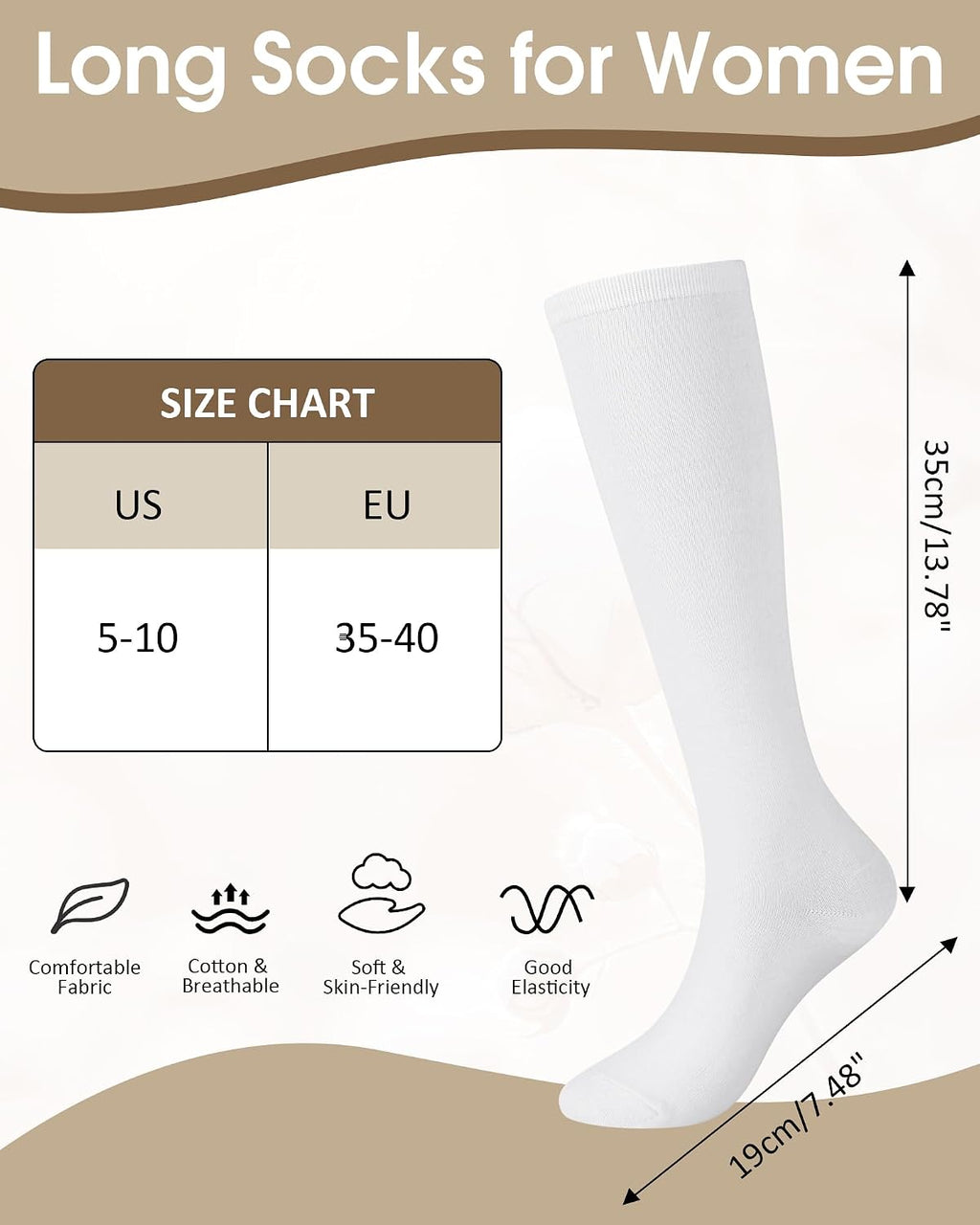 Knee High Socks for Women 4 Pairs, Cotton Long Dress Socks | Elastic Athletic Uniform Stockings, Tall Tube Socks