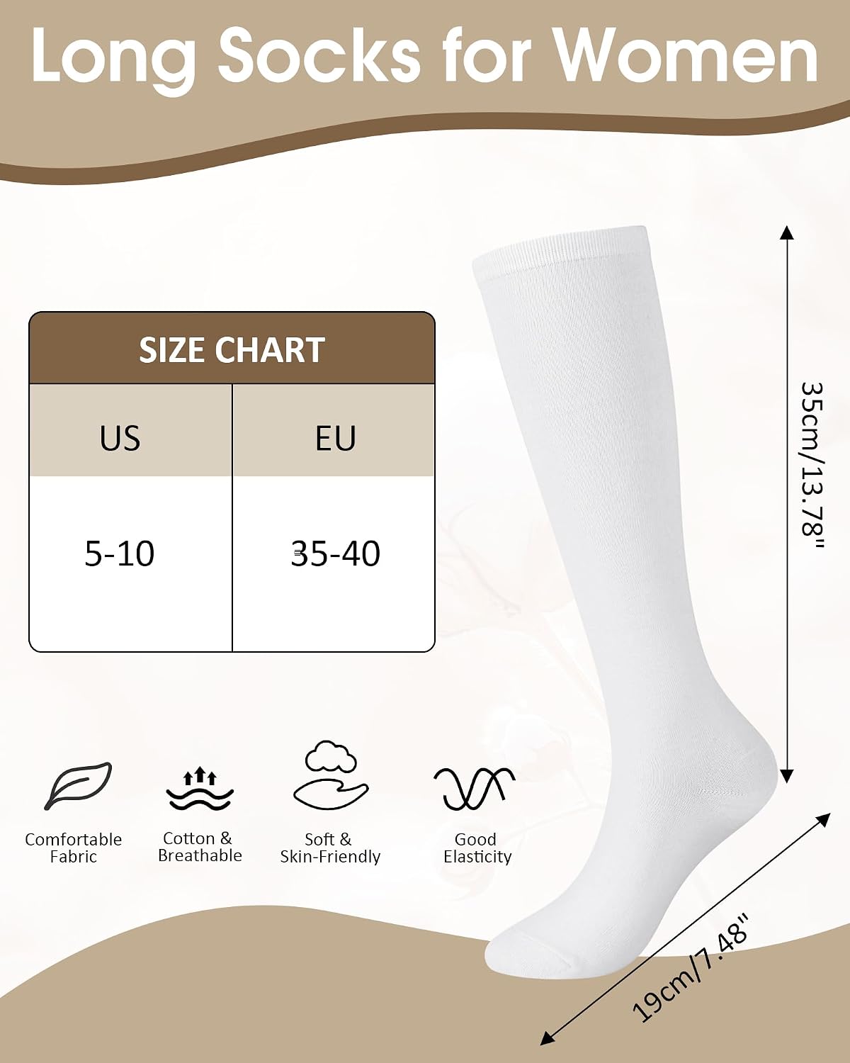 Knee High Socks for Women 4 Pairs, Cotton Long Dress Socks | Elastic Athletic Uniform Stockings, Tall Tube Socks