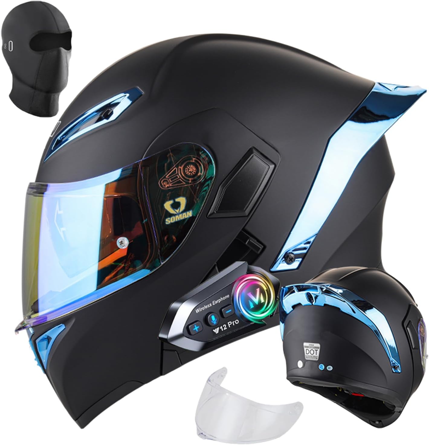 Bluetooth Modular Motorcycle Helmet, DOT Approved Flip Up Full Face Helmet with Dual Anti Fog Visors, Integrated