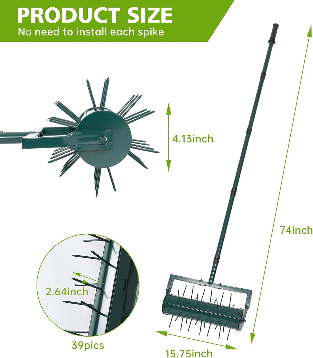 Rolling Lawn Aerator Tool with 39 Spike for Outdoor Lawn Yard Soil Garden | 74'' length adjustable handle, Water soil
