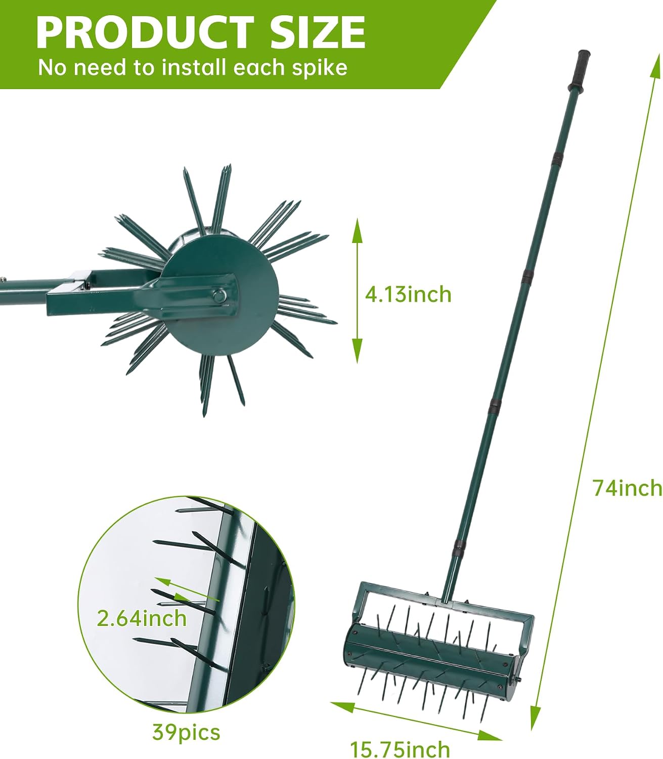 Rolling Lawn Aerator Tool with 39 Spike for Outdoor Lawn Yard Soil Garden | 74'' length adjustable handle, Water soil
