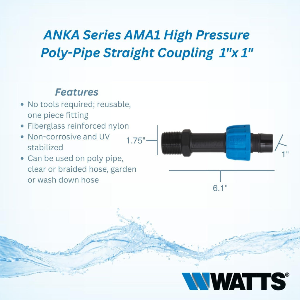 Watts ANKA Poly-Pipe, Straight Coupling 1" x 1", Nylon Insert Fitting