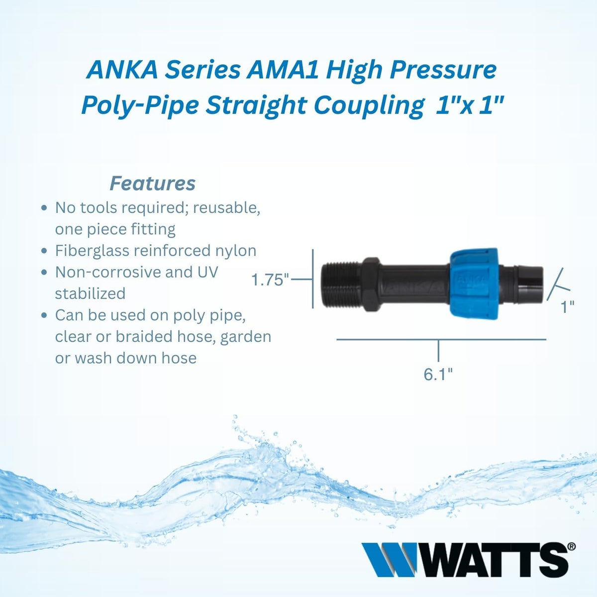 Watts ANKA Poly-Pipe, Straight Coupling 1" x 1", Nylon Insert Fitting