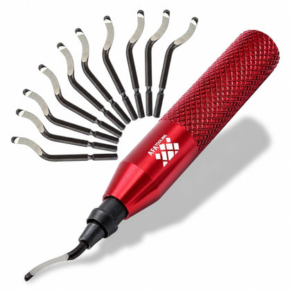 AFA Tooling Deburring Tool, 11 M2 Blades, Red CNC Anodized Aluminum Handle | Built for 3D printing, metal, PVC
