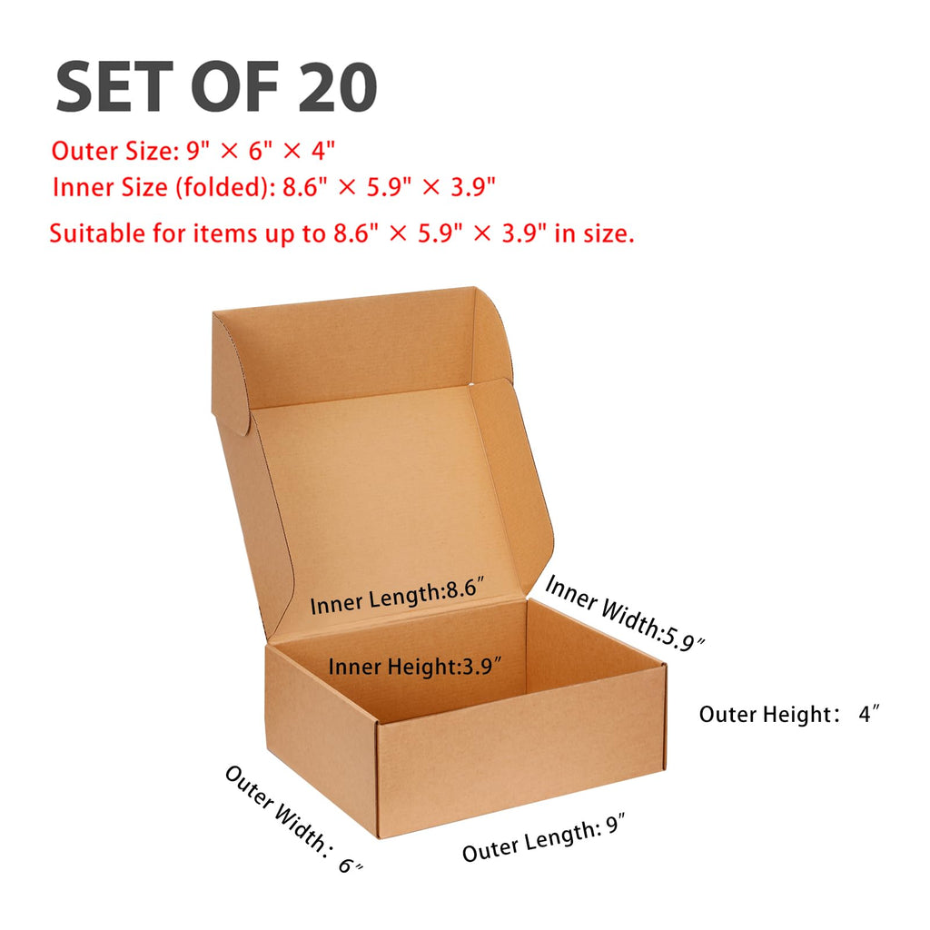 Kraft Brown Shipping Boxes 9x6x4 Inches, 20 Pack