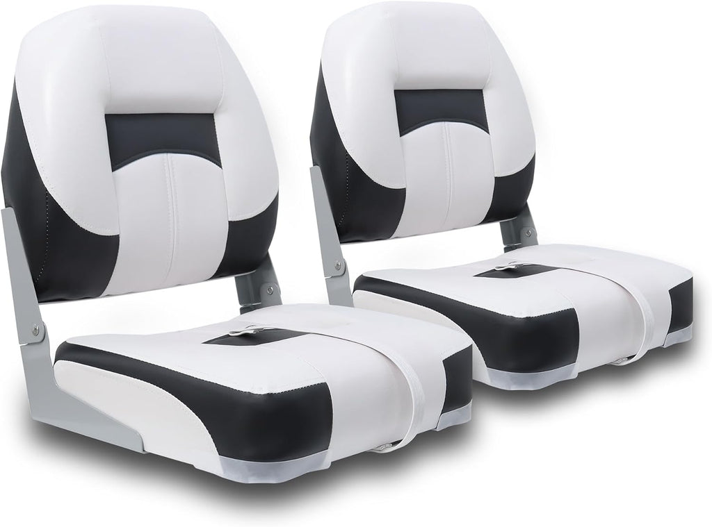 Boat Seats 2 Pack, Low Back Folding Fishing Boat Chair, White&Black | Marine Boat Captain Chairs With Thick Cushion