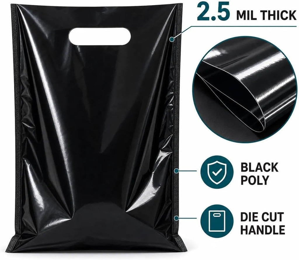Small Black Plastic Shopping Bag for Small Business Plastic Merchandise Bag with Handle Poly Die Cut for Retail 100