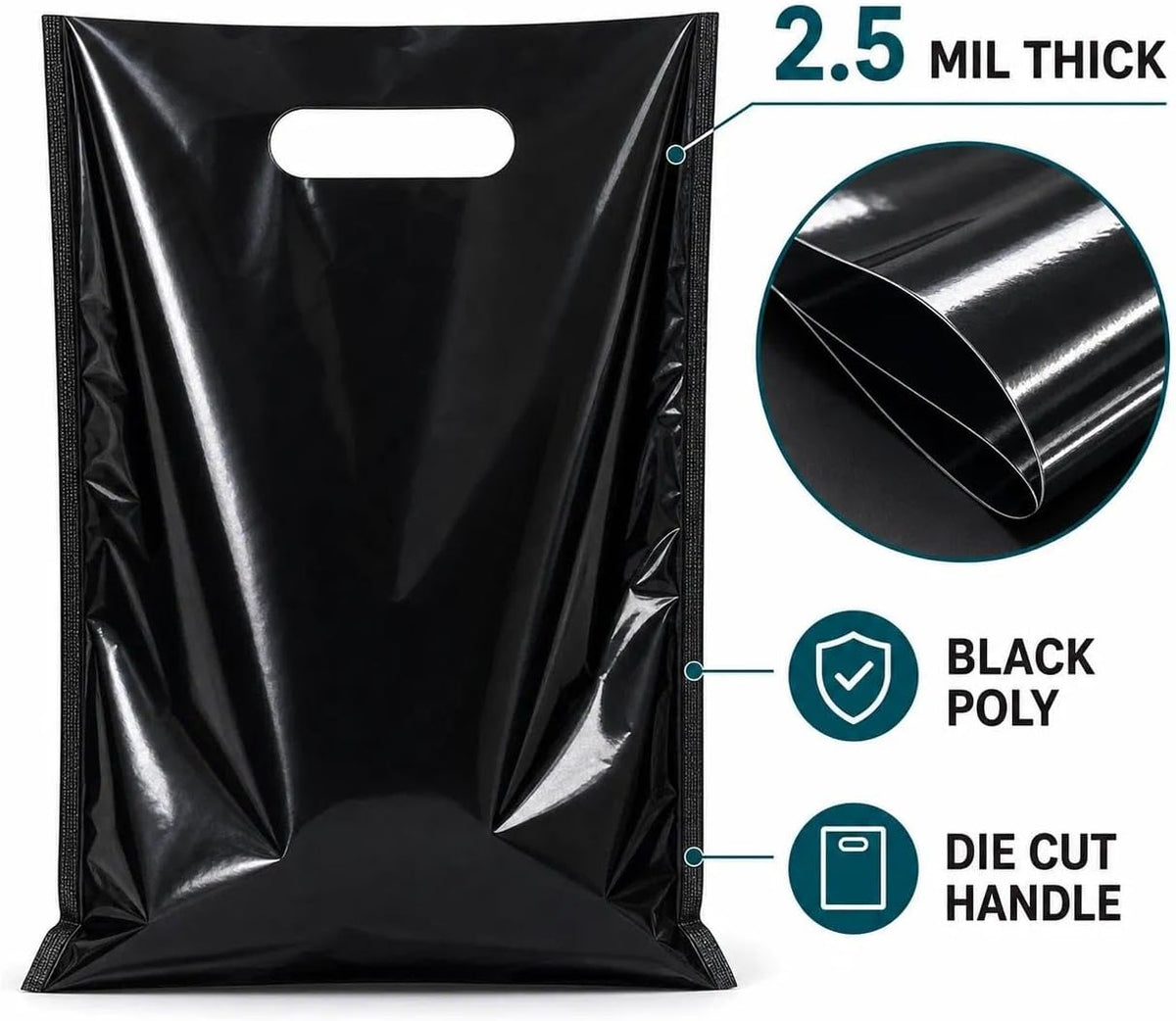 Small Black Plastic Shopping Bag for Small Business Plastic Merchandise Bag with Handle Poly Die Cut for Retail 100