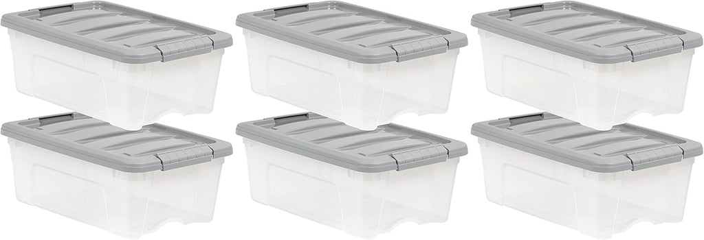 Plastic Storage Containers with Secure Latching Lids, Stackable Organization Bins, Clear/Grey, 12 Quart, Set of 6