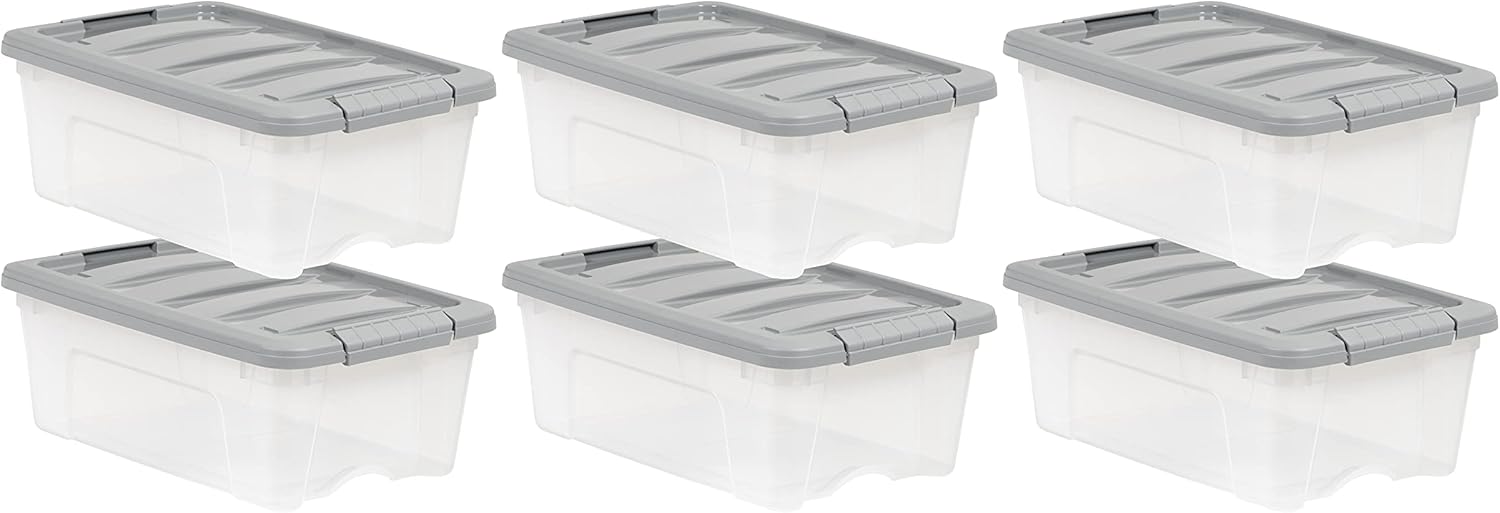 Plastic Storage Containers with Secure Latching Lids, Stackable Organization Bins, Clear/Grey, 12 Quart, Set of 6