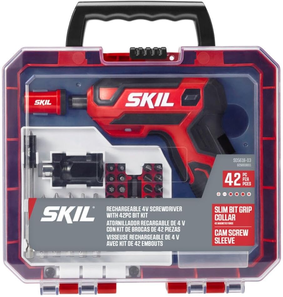 Rechargeable 4V Cordless Pistol Grip Screwdriver with 42pcs Bit Set, USB Charger and Carrying Case - SD5618-03