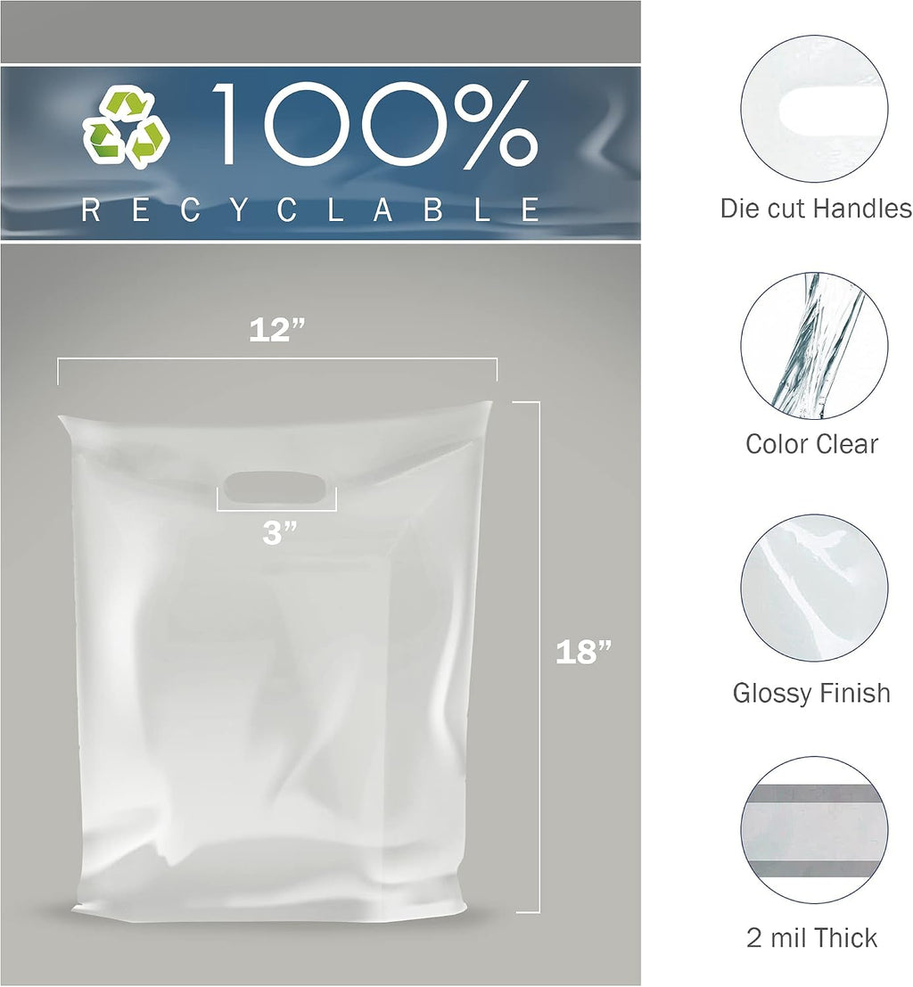 12x18 Clear Plastic Bags, Medium, Glossy Finish, 2 Mil Thick, 100 Pack