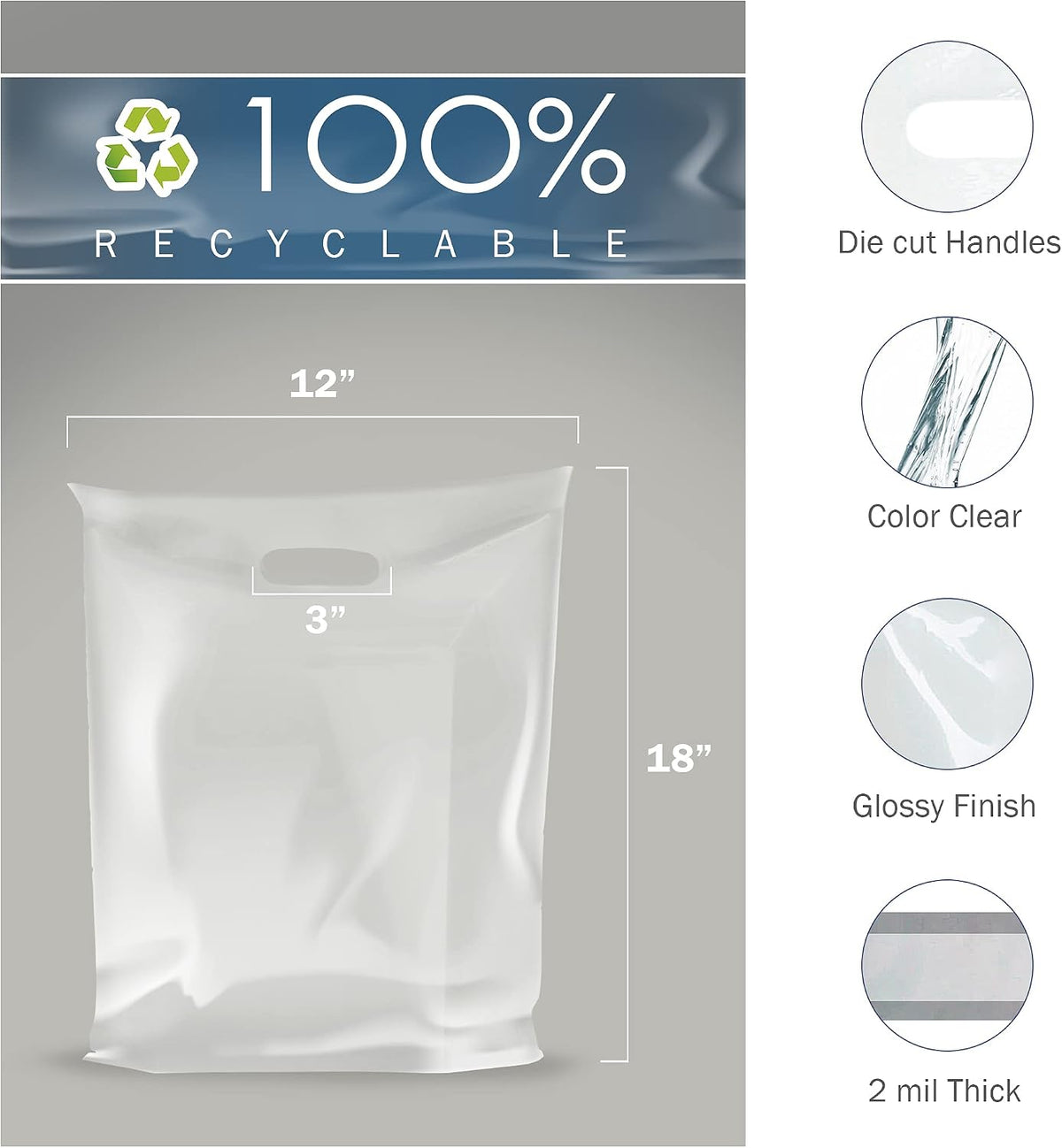 12x18 Clear Plastic Bags, Medium, Glossy Finish, 2 Mil Thick, 100 Pack
