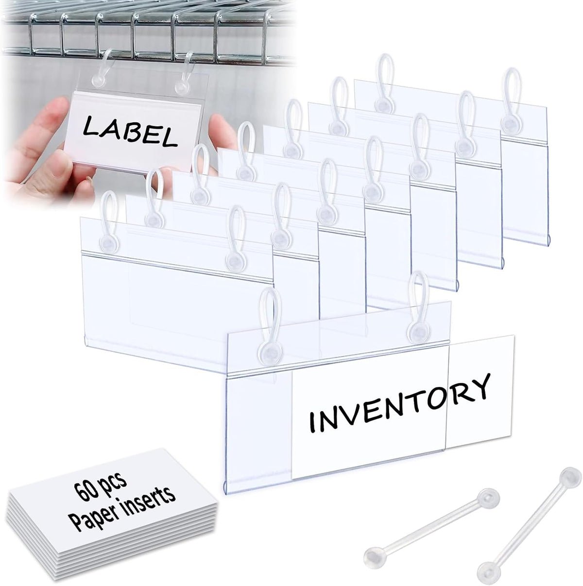 Plastic Shelf Labels, 60pcs Label Holders with 120pcs Snap Lock Hanging Loops and 60pcs Matched Paper Inserts for