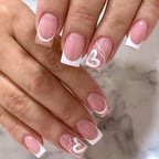 6 Packs (144 Pcs) Press on Nails Square - Short, Medium Nails Press ons - French Tip Fake Nails with Flower Design