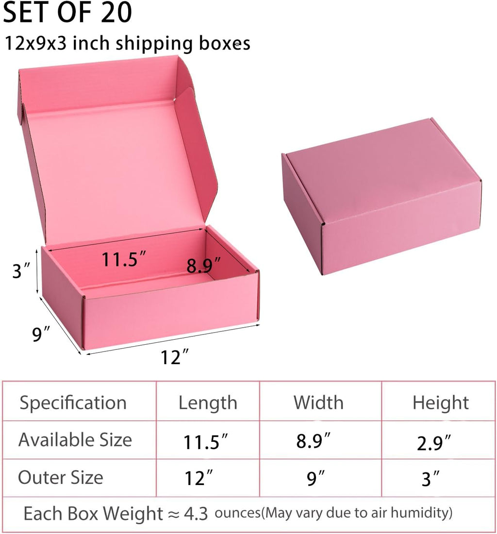 Pink Shipping Boxes 12x9x3 Inches, 20 Pack