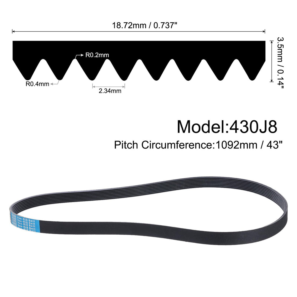 uxcell 430J8 PJ V-Ribbed Belt 8 Ribs 43" L x 0.74" W x 0.14" H, EPDM