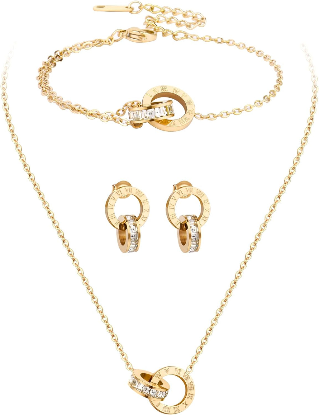Dainty Necklace Bracelet Earrings Set for Women Gold Silver Rose Gold Diamond Interlocking Circle Jewelry Set for