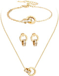 Dainty Necklace Bracelet Earrings Set for Women Gold Silver Rose Gold Diamond Interlocking Circle Jewelry Set for