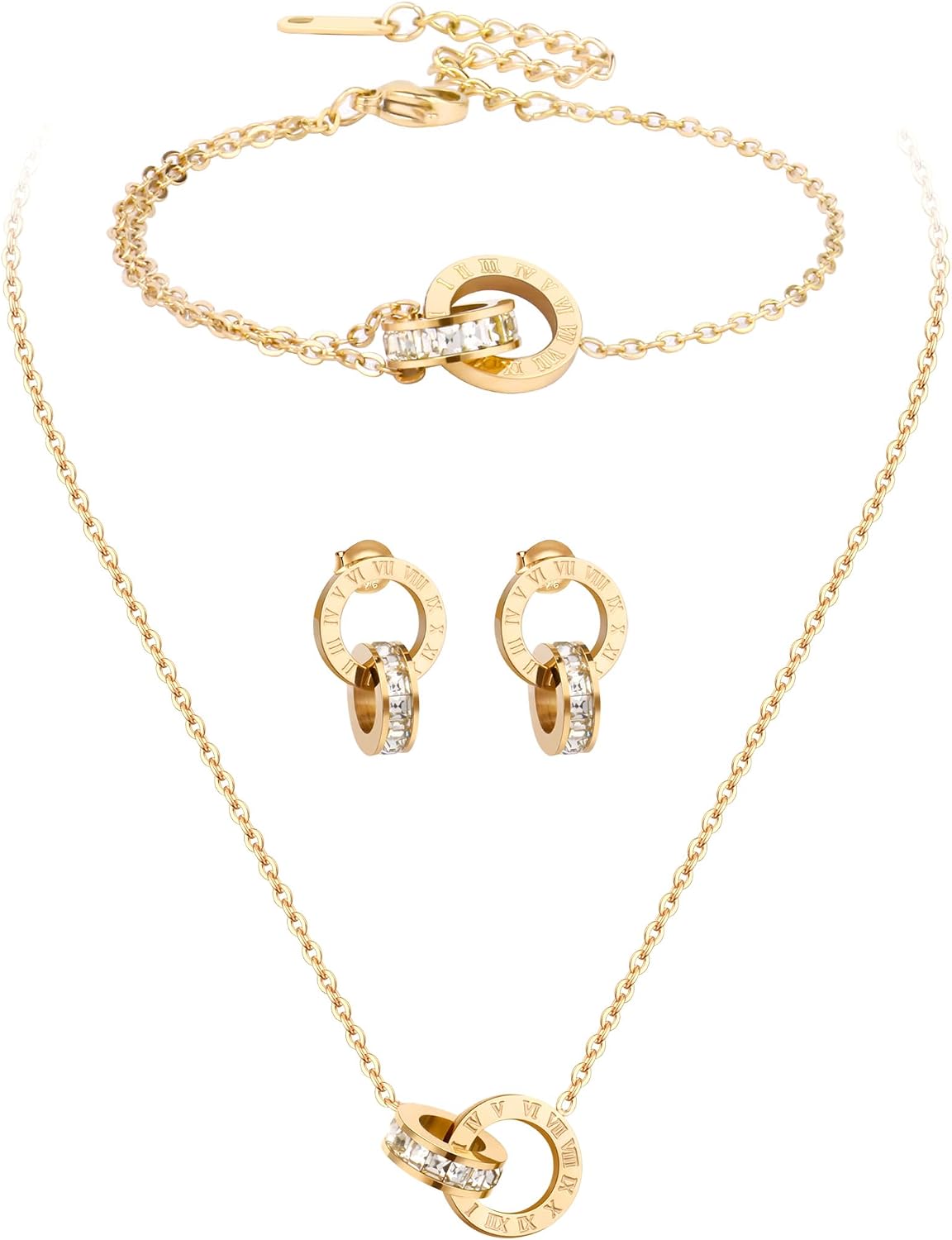 Dainty Necklace Bracelet Earrings Set for Women Gold Silver Rose Gold Diamond Interlocking Circle Jewelry Set for