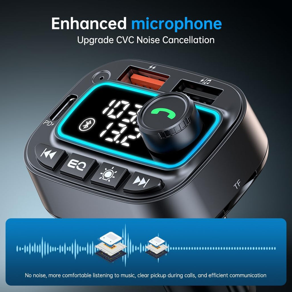 Bluetooth 5.3 Car Adapter FM Transmitter, 42W (PD30W & 12W) USB C Car Charger Wireless Radio Receiver, Hands-Free