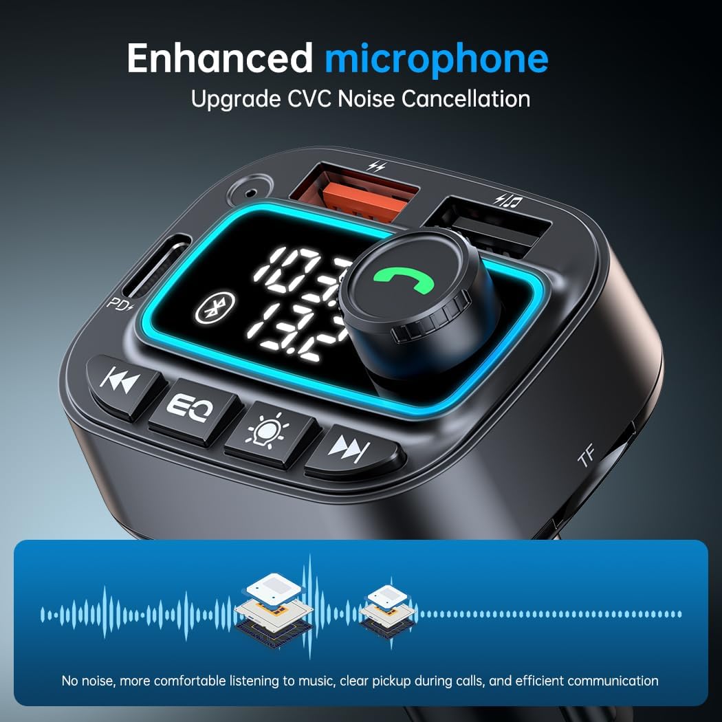 Bluetooth 5.3 Car Adapter FM Transmitter, 42W (PD30W & 12W) USB C Car Charger Wireless Radio Receiver, Hands-Free