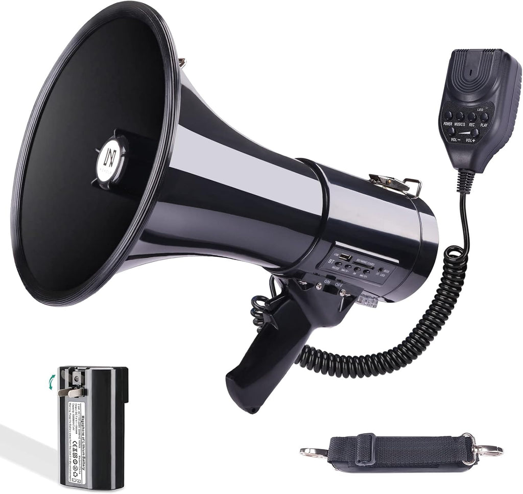 50 Watt Bluetooth Megaphone Bullhorn Speaker with Rechargeable Battery & Portable Strap - Siren and 260S Recording