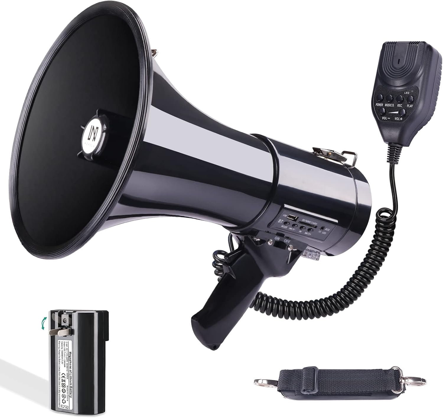 50 Watt Bluetooth Megaphone Bullhorn Speaker with Rechargeable Battery & Portable Strap - Siren and 260S Recording