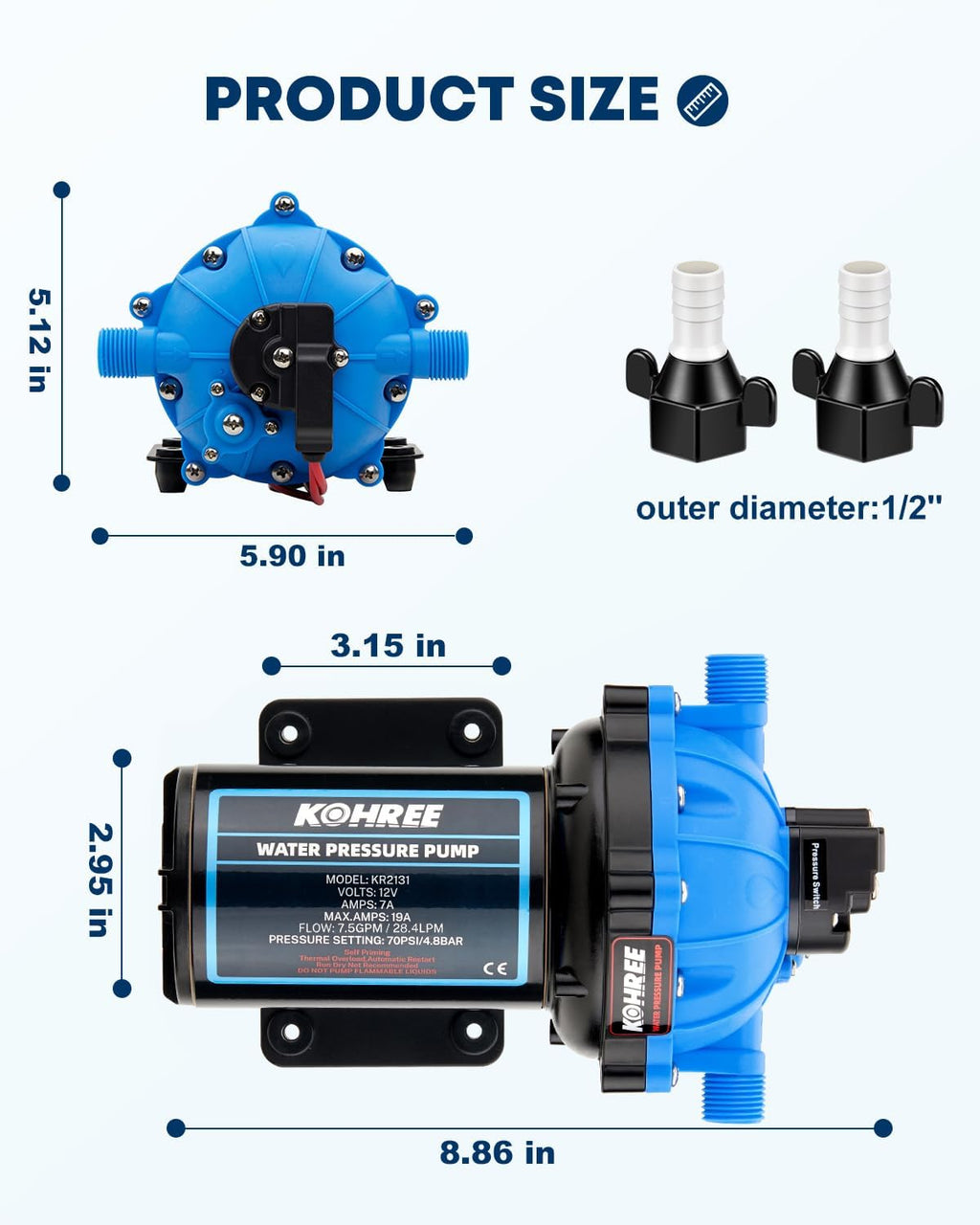 Kohree 12V RV Water Pump 7.5GPM 70PSI Self-Priming 5-Chamber Diaphragm Pump