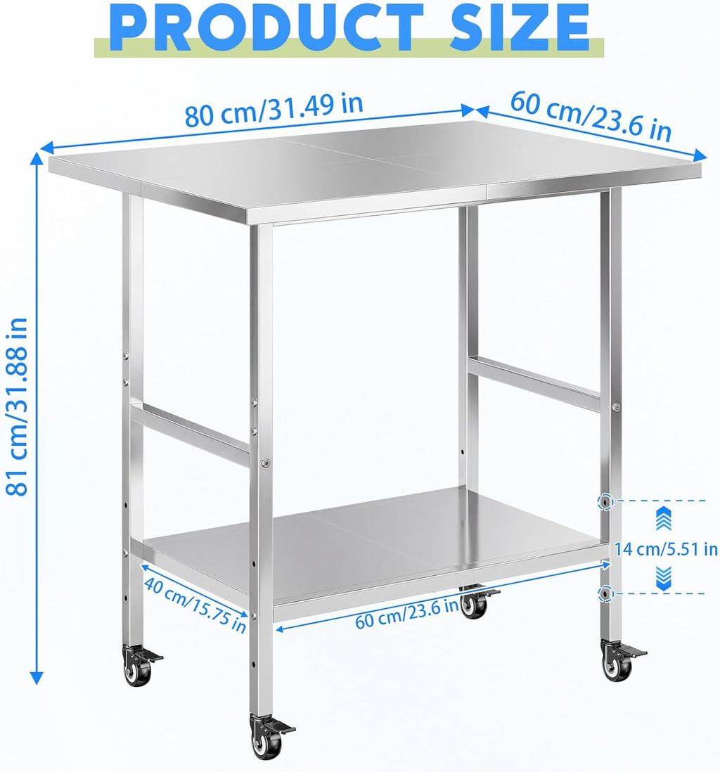 NSF Stainless Steel Prep Table with Wheels, Commercial Worktable with 4 Casters & Brakes & Adjustable Undershelf