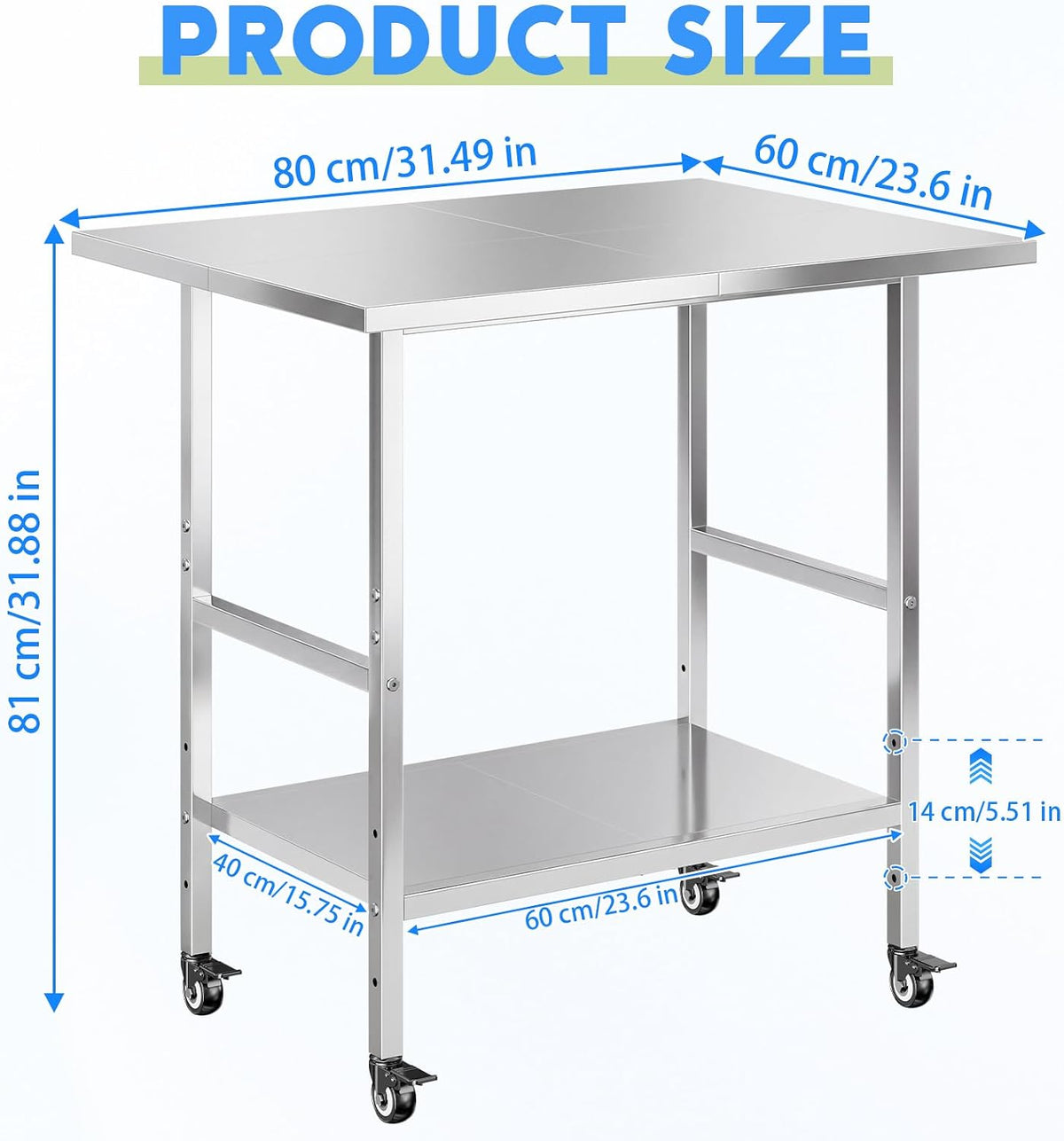 NSF Stainless Steel Prep Table with Wheels, Commercial Worktable with 4 Casters & Brakes & Adjustable Undershelf