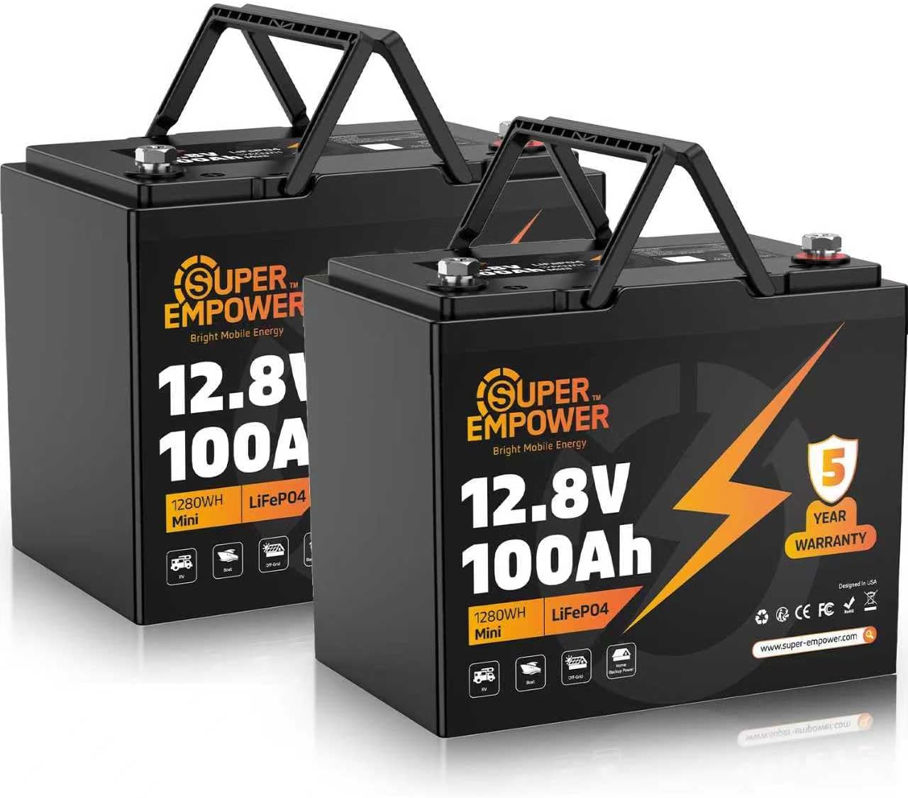 12V 100Ah LiFePO4 Battery, Group 24 Deep Cycle for RV/Boat (2 PACK) | 1280Wh Capacity, 100A BMS, Low-Temp Cutoff