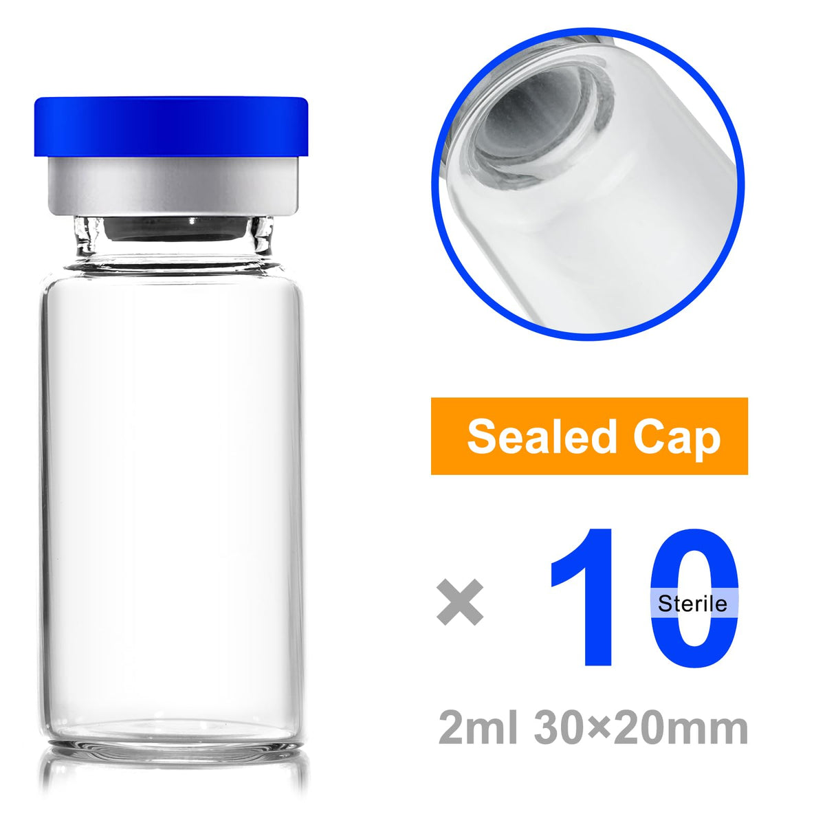 2ml Sealed Sterile Glass Empty Vials for Injection, 10 Pack