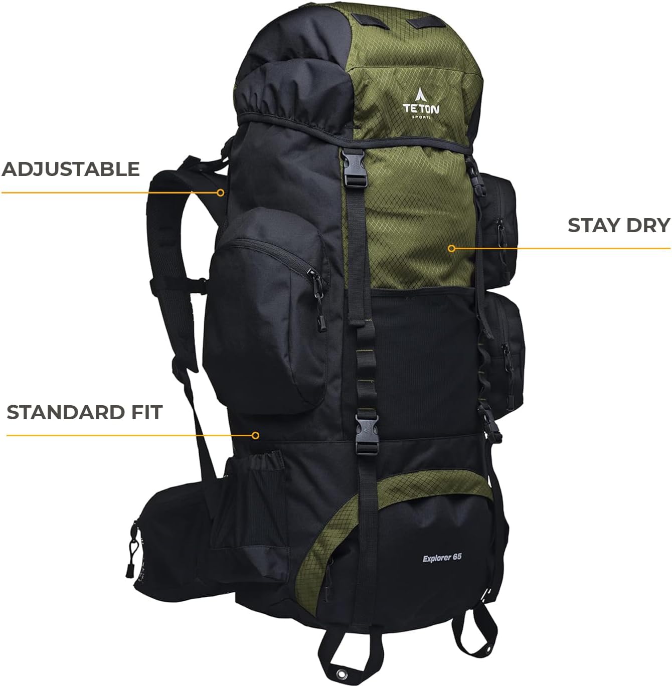 Teton 65L Explorer Internal Frame Backpack for Hiking, Camping, Backpacking, Rain Cover Included, Black